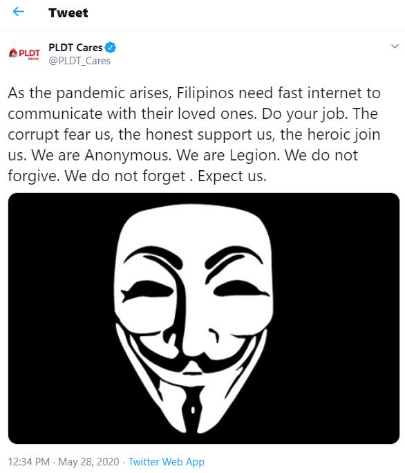 ANONYMOUS ON PLDT. The PLDT_Cares Twitter account appears to have been taken over by Anonymous Philippines. Screenshot from Twitter. 