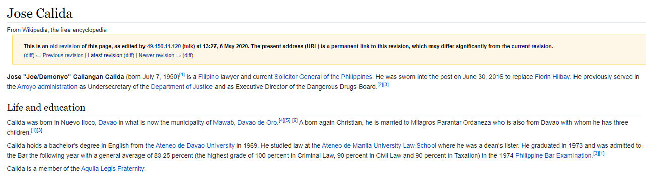 DEFACEMENT ATTEMPT. Wikipedia defacers try to nickname Jose Calida as 'Demonyo.' Screenshot from Wikipedia edit history. 