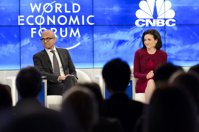 CLOUD COMPUTING. Satya Nadella, (L), Chief Executive Officer, Microsoft Corporation and Sheryl Sandberg, (R), Chief Operating Officer Facebook, speak during a panel session the first day of the 46th Annual Meeting of the World Economic Forum, WEF, in Davos, Switzerland, January 20, 2016. Photo by Jean-Christophe Bott/EPA 