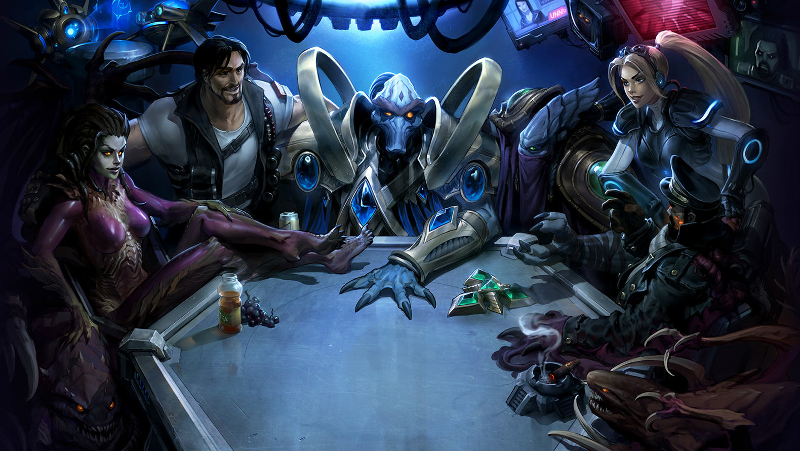STARCRAFT II. Series anniversary art from Blizzard shows key characters in a rare moment of non-conflict. Illustration from Blizzard   