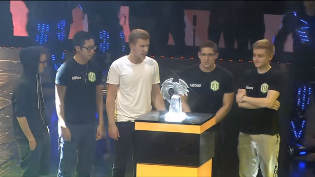 THE CHAMPIONS! OG take home the trophy and over $1 million from the Manila Major prize pool. Screen shot from Twitch livestream. 