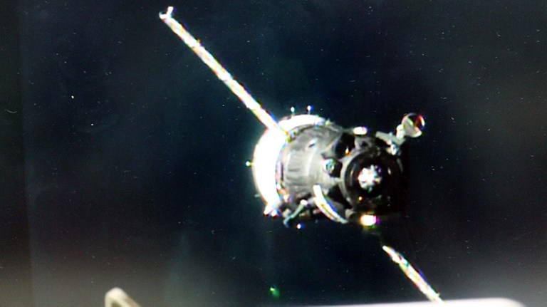 DOCKED. This image obtained from NASA TV shows a view from a camera on the International Space Station before the Soyuz MS-03 spacecraft docks to the Rassvet module on November 19, 2016 Photo by HO/NASA TV/AFP 
