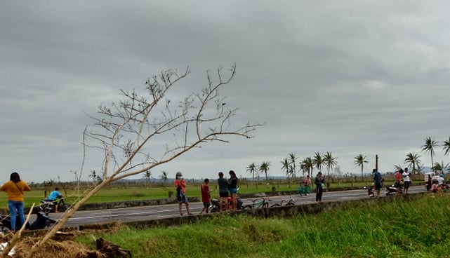People from all over Tiwi and Malinao gather in a spot with cell phone signal in Barangay Balading in Malinao, Albay, on November 4, 2020 