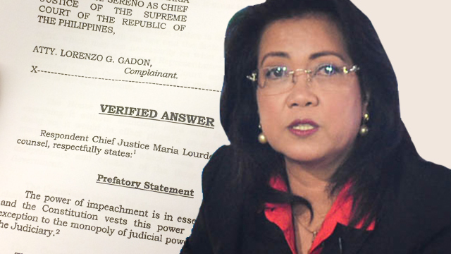 VERIFIED ANSWER. Chief Justice Maria Lourdes Sereno files an 85-page verified answer before the House of Representatives explaining point-by-point why the impeachment complaint against her must be dismissed. 