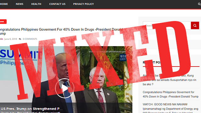 Screengrab of a June 6 goodnewstoday.d30.club post claiming US President Donald Trump congratulated President Rodrigo Duterte for the "40% down in drugs." 