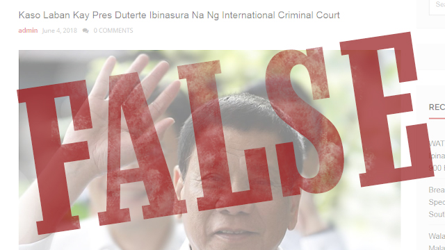 Screengrab of a June 24, 2018 goodnewstoday.d30.club blog post claiming the International Criminal Court (ICC) junked the case filed against President Rodrigo Duterte. 