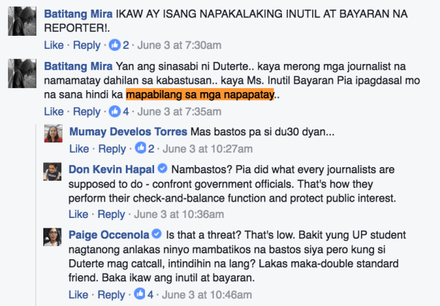 DEATH THREAT. Rappler reporter Pia Ranada was attacked for asking the president questions on catcalling. 