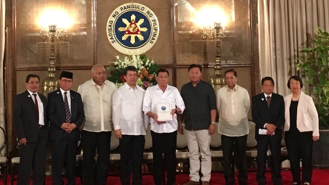 SUBMITTED. President Rodrigo Duterte receives a copy of the revised draft of the Bangsamoro Basic Law 