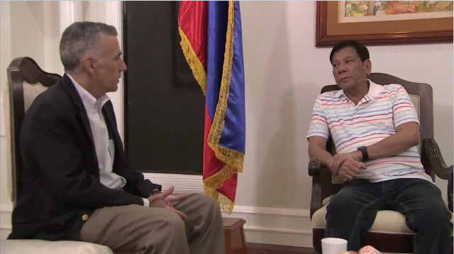 US ENVOY. United States Ambassador to the Philippines Philip Goldberg (left) visits President-elect Rodrigo Duterte (right) in Davao City on June 13, 2016. Screen grab from RTVM