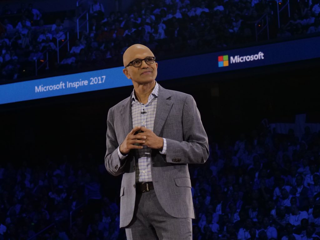 NADELLA. "While there is tremendous growth opportunity, we are not building solutions solely to support conspicuous consumption. We are also working to make a positive impact in the world and continue to be encouraged by the enormous potential for partners to have local impact that ultimately has a profound global impact," said Microsoft CEO Satya Nadella as he ended his Microsoft Inspire 2017 keynote. Photo from Microsoft 