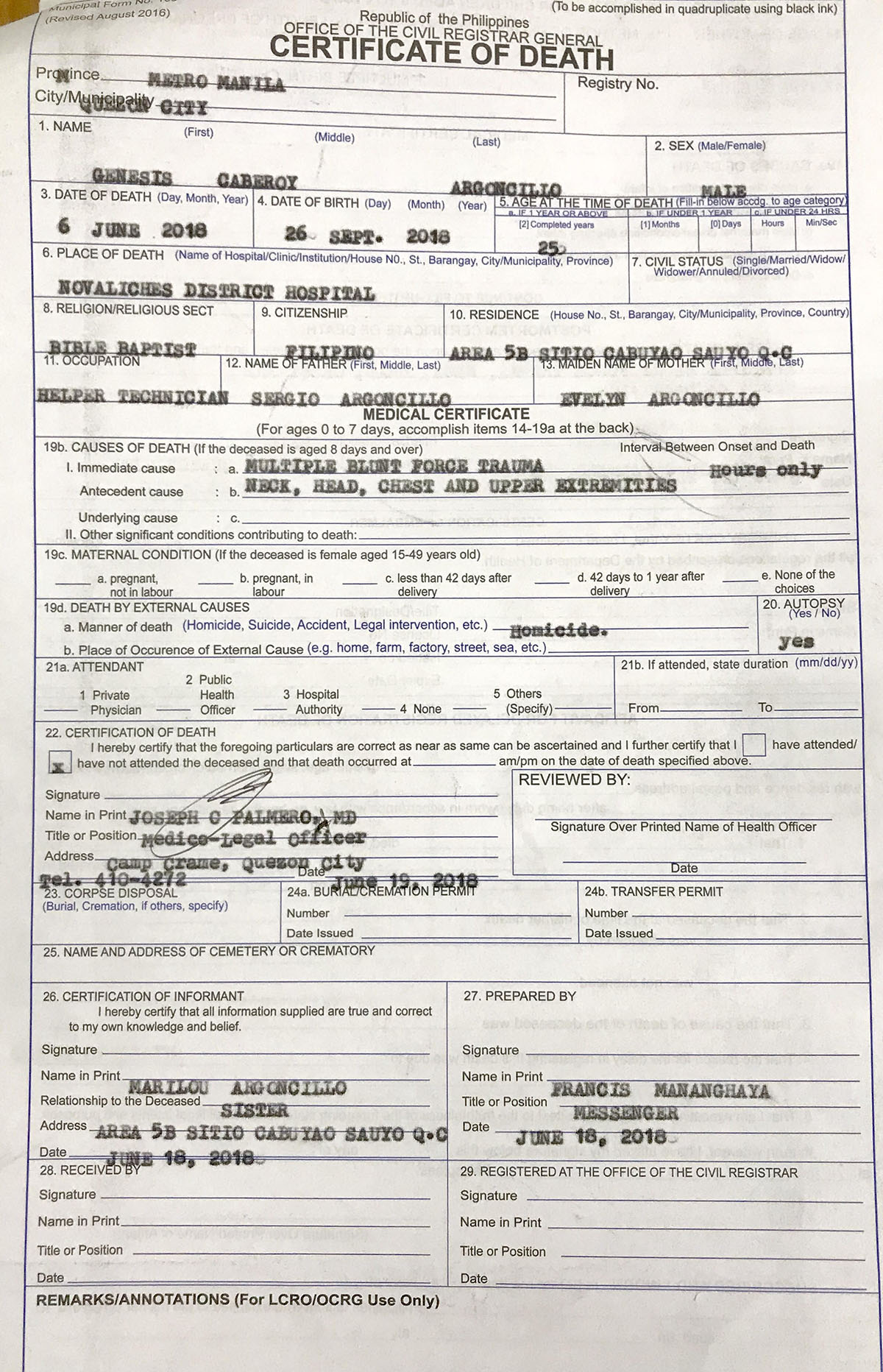 DEATH CERTIFICATE. No less than the PNP's medico-legal chief says Genesis 'Tisoy' Argoncillo was beaten to death. Sourced photo  