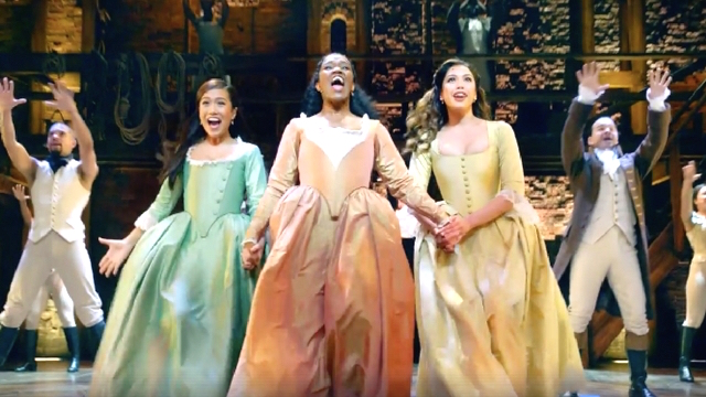 THE SCHUYLER SISTERS. Rachelle Ann Go, Rachel John, and Christine Allado perform a number in the London West End production of 'Hamilton.' Screengrab from Facebook.com/BroadwayWorld  