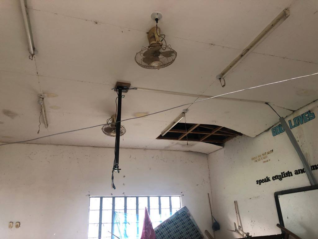 UNSAFE. Classrooms in Bacong Elementary School had a dilapidated ceiling and broken glass windows, thus prompting inspectors to put them under restricted use. Photo from QC DRRMC
 