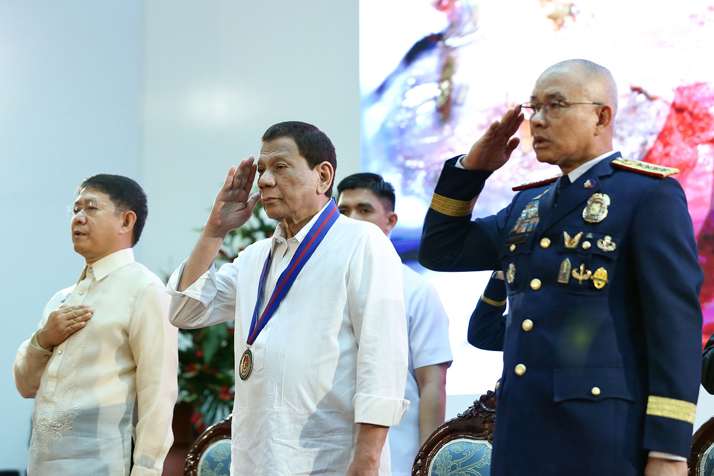 PNP ANNIVERSARY. President Rodrigo Duterte attends the 118th Service Anniversary of the Philippine National Police on August 9, 2019. With the President are Interior and Local Government Secretary Eduardo Año and PNP chief General Oscar Albayalde. Malacañang photo 