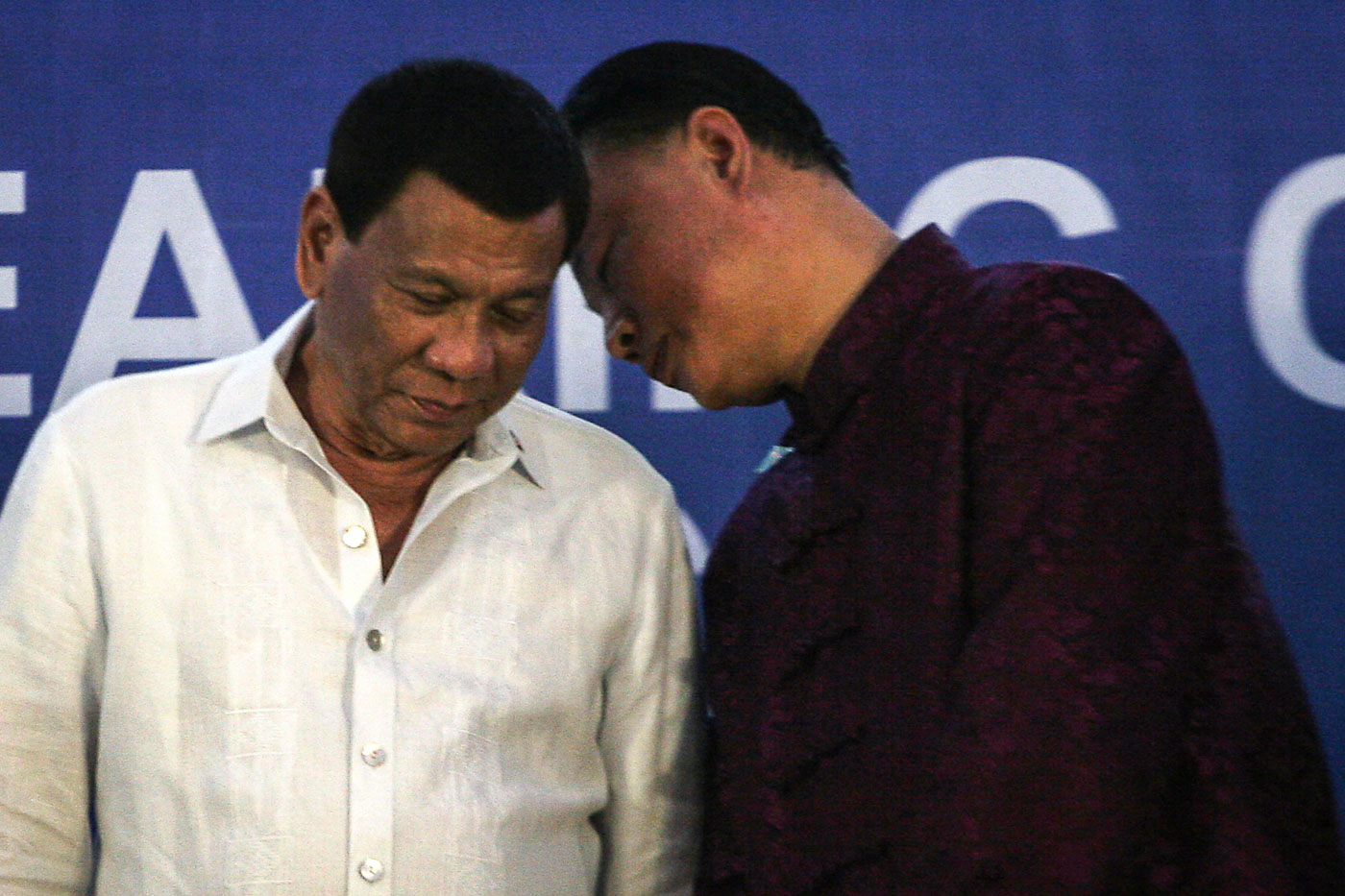 STRONG TIES. Chinese Ambassador to the Philippines Zhao Jianhua whispers to President Rodrigo Duterte during the groundbreaking for the planned Binondo-Intramuros bridge on July 17, 2018. Photo by Ben Nabong/Rappler 