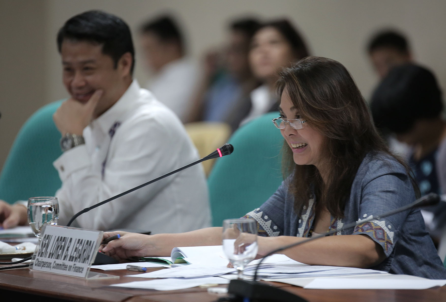 BUDGET. Senator Loren Legarda, chair of the Senate finance committee, and Senator Sherwin Gatchalian, chair of the Senate energy committee, listen to Energy Secretary Alfonso Cusi during the presentation of the proposed 2018 budget of the Department of Energy on August 23, 2017. File photo by Alex Nuevaespaña/Senate PRIB 