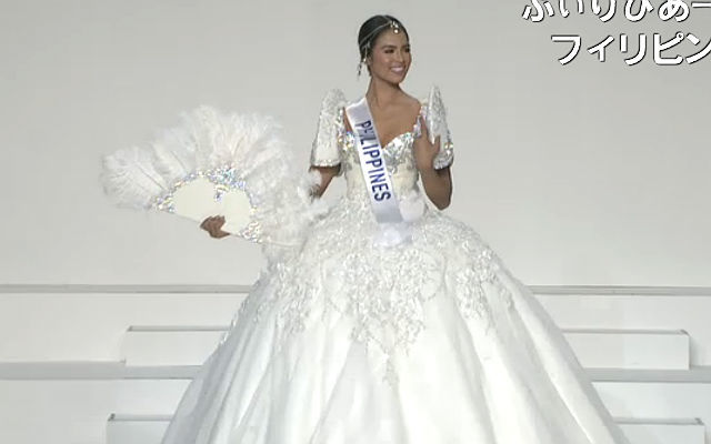 WHITE ROYAL. Bb Pilipinas International 2015 Janicel Lubina wears Leo Almodal at the Miss International 2015 pageant in Japan. Screenshot from ustream.tv/mibp   