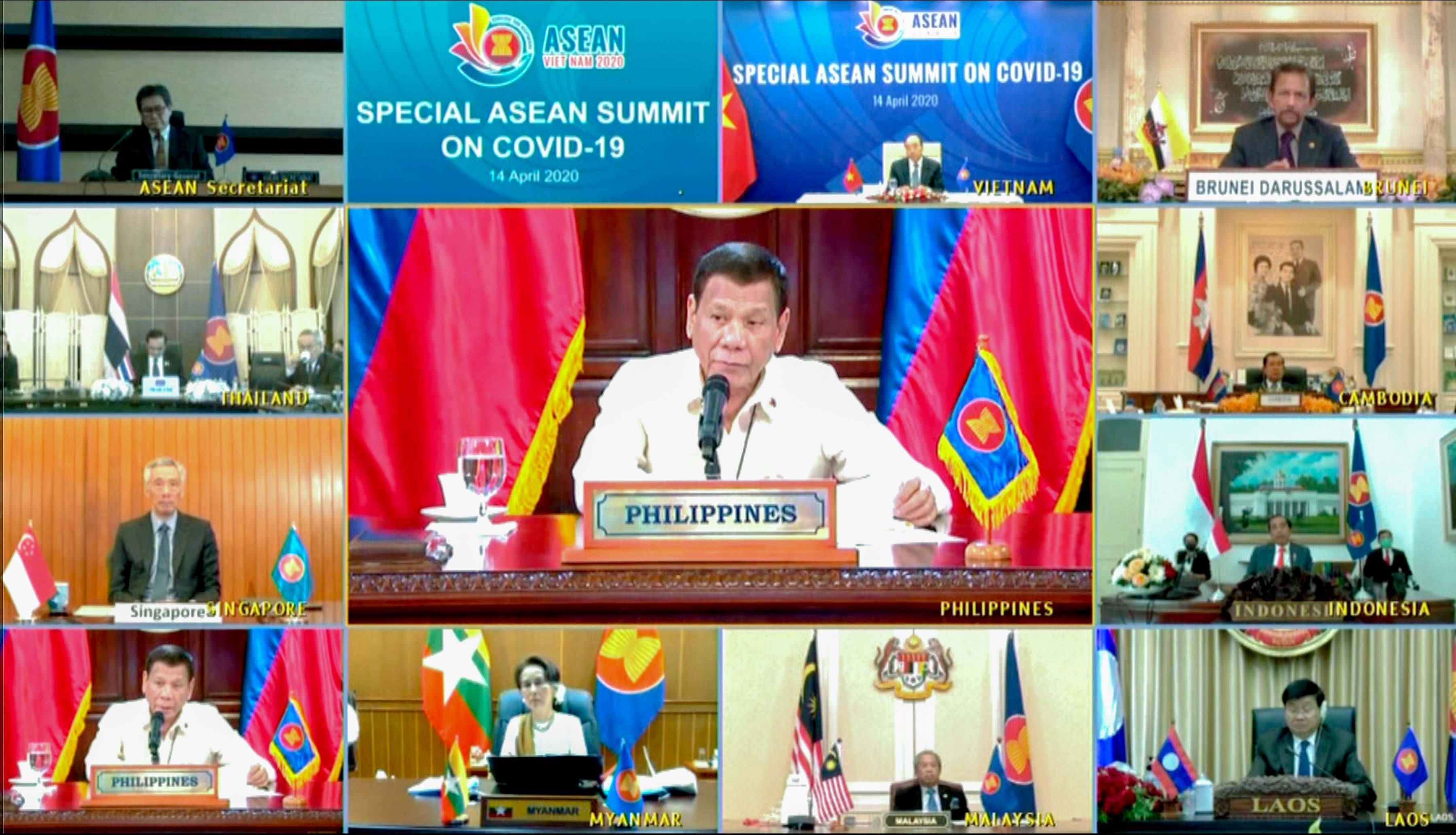 REGIONAL EFFORT. President Rodrigo Duterte gives his intervention as he joins other leaders from the Association of Southeast Asian Nations during the special ASEAN Summit on COVID-19 video conference on April 14, 2020. Malacañang photo  