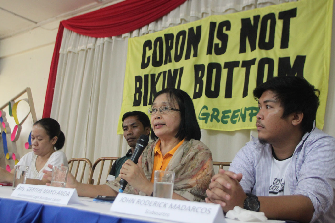 SAVE CORON. Lawyer Grizelda Mayo-Anda, executive director of the Environmental Legal Assistance Center, reminds the local government and other concerned government agencies, to take a second look at the Northern Palawan Tourism Development Plan. Photo from Greenpeace 