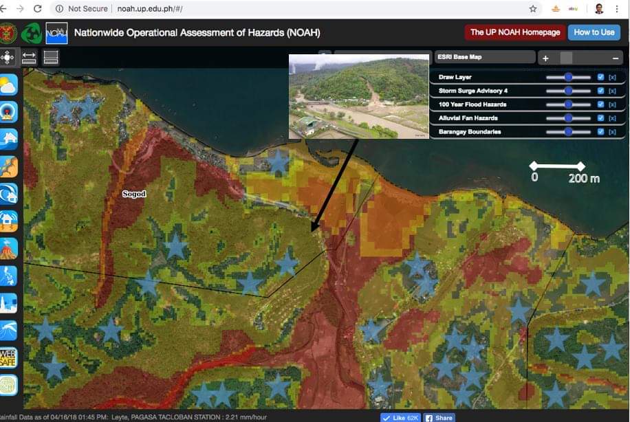 PROJECT NOAH HAZARD MAP. With information for flood, landslide, and storm surge hazards in Barangays Sogod and Naga, Tiwi, Albay. Those with blue stars are safe locations and where evacuation centers should be. The black arrow points to the area of the landslide that buried people in Sogod. Photo courtesy of Mahar Lagmay   