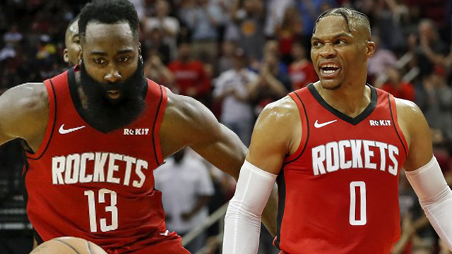 FULL BLAST. Former MVPs James Harden and Russell Westbrook kick off their drive again for the elusive NBA crown. Photos from AFP 