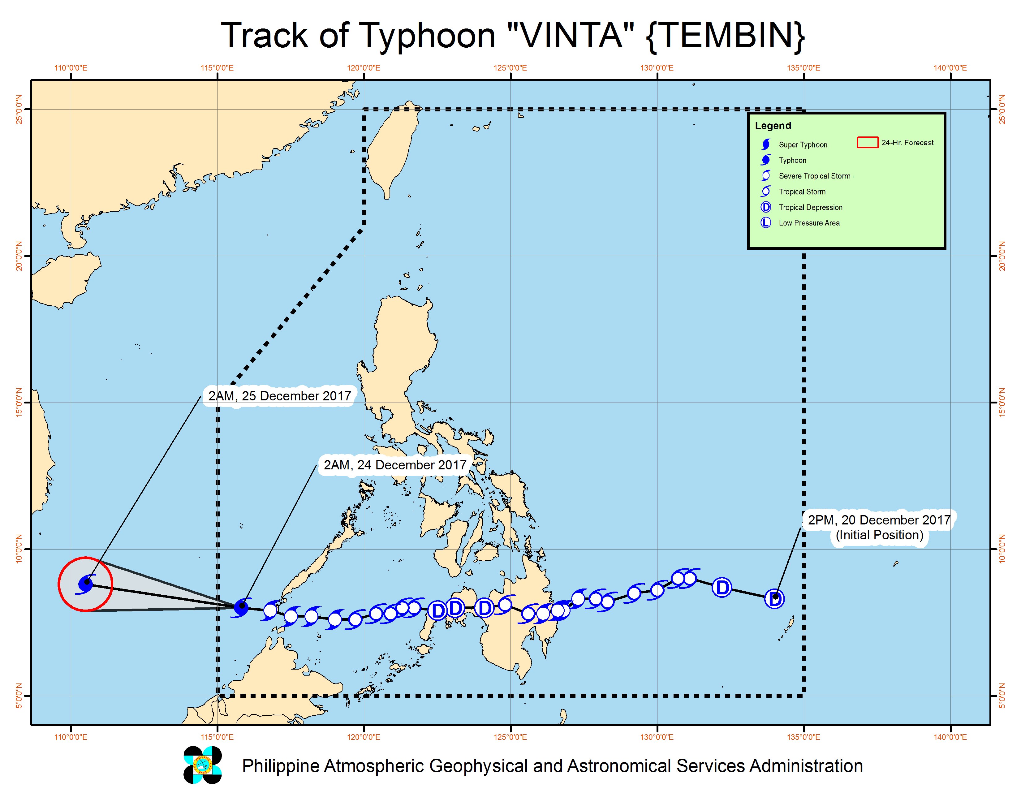 Forecast track of Typhoon Vinta as of December 24, 5 am. Image courtesy of PAGASA 