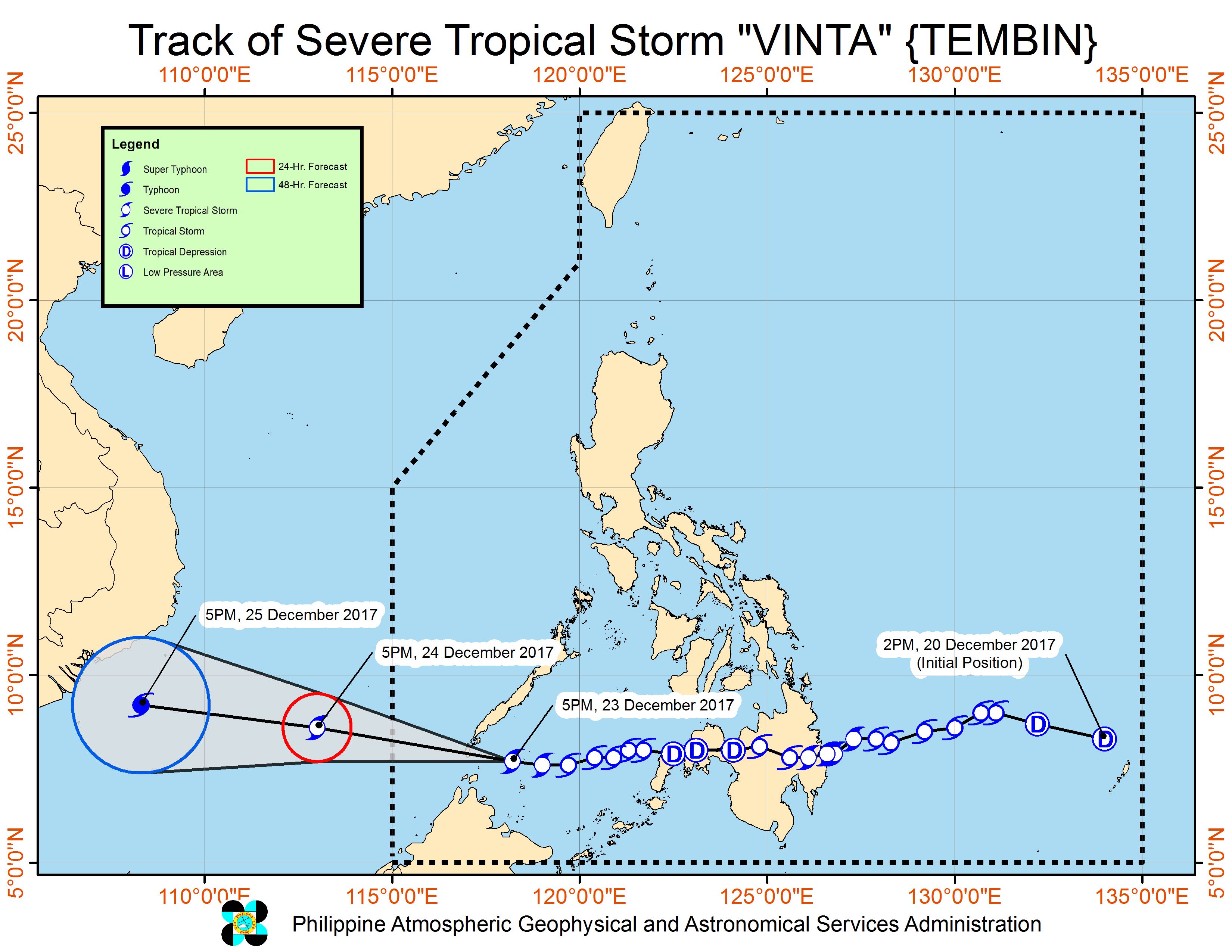 Forecast track of Severe Tropical Storm Vinta as of December 23, 8 pm. Image courtesy of PAGASA 