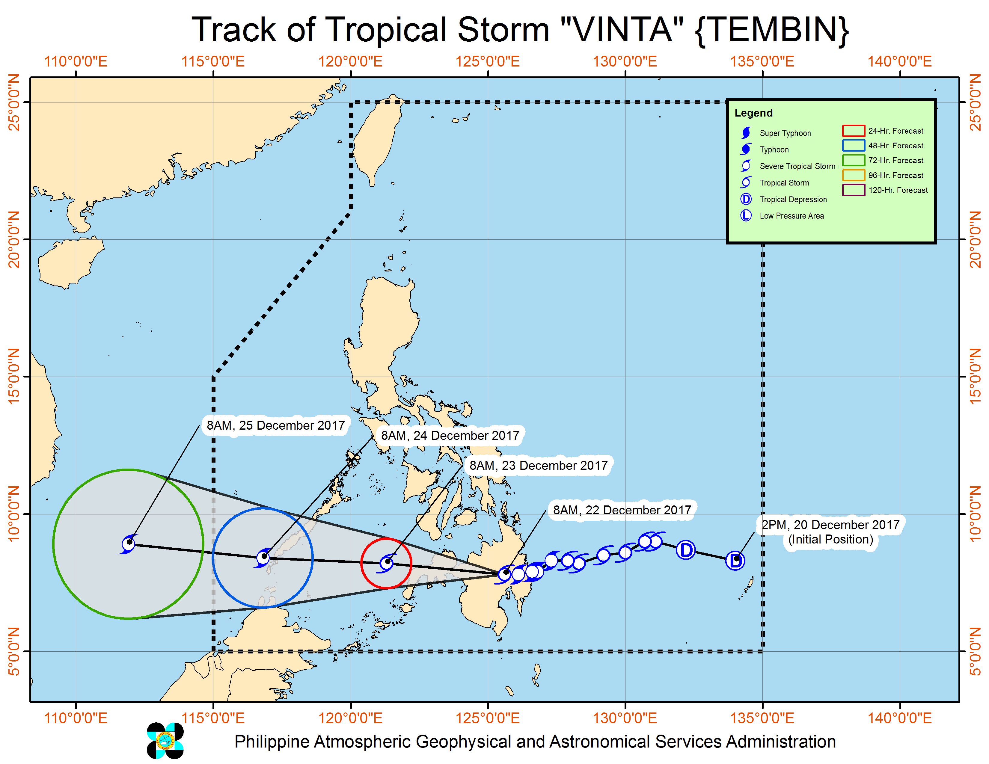 Forecast track of Tropical Storm Vinta as of December 22, 11 am. Image courtesy of PAGASA 