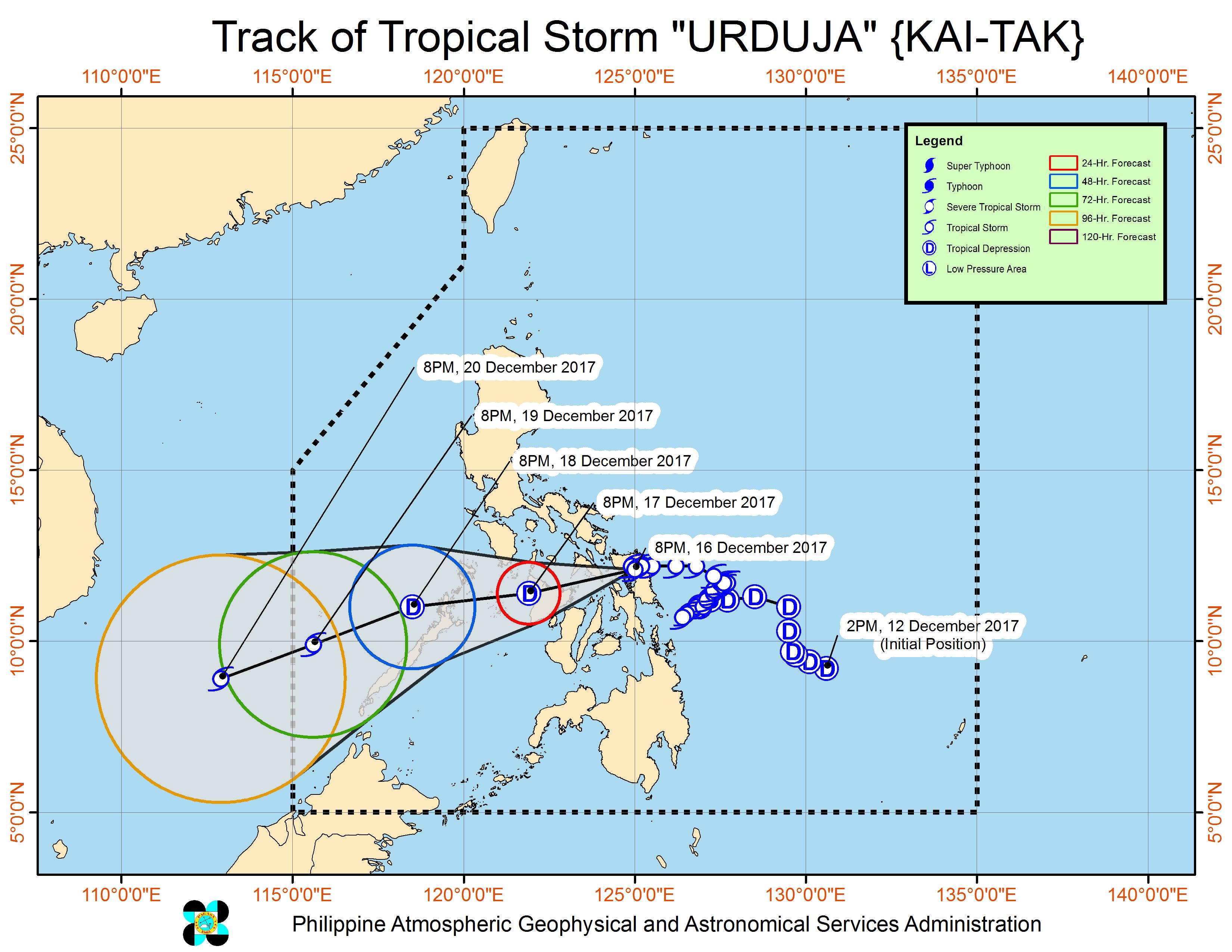Forecast track of Tropical Storm Urduja as of December 16, 11 pm. Image courtesy of PAGASA 