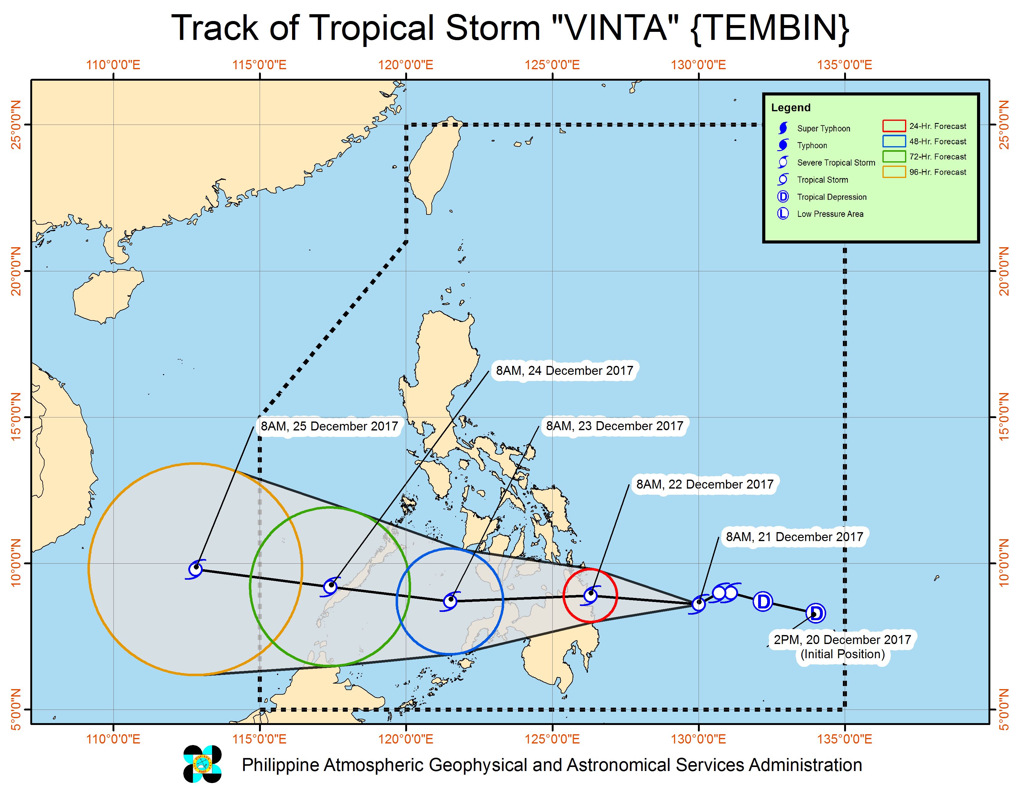 Forecast track of Tropical Storm Vinta as of December 21, 11 am. Image courtesy of PAGASA 