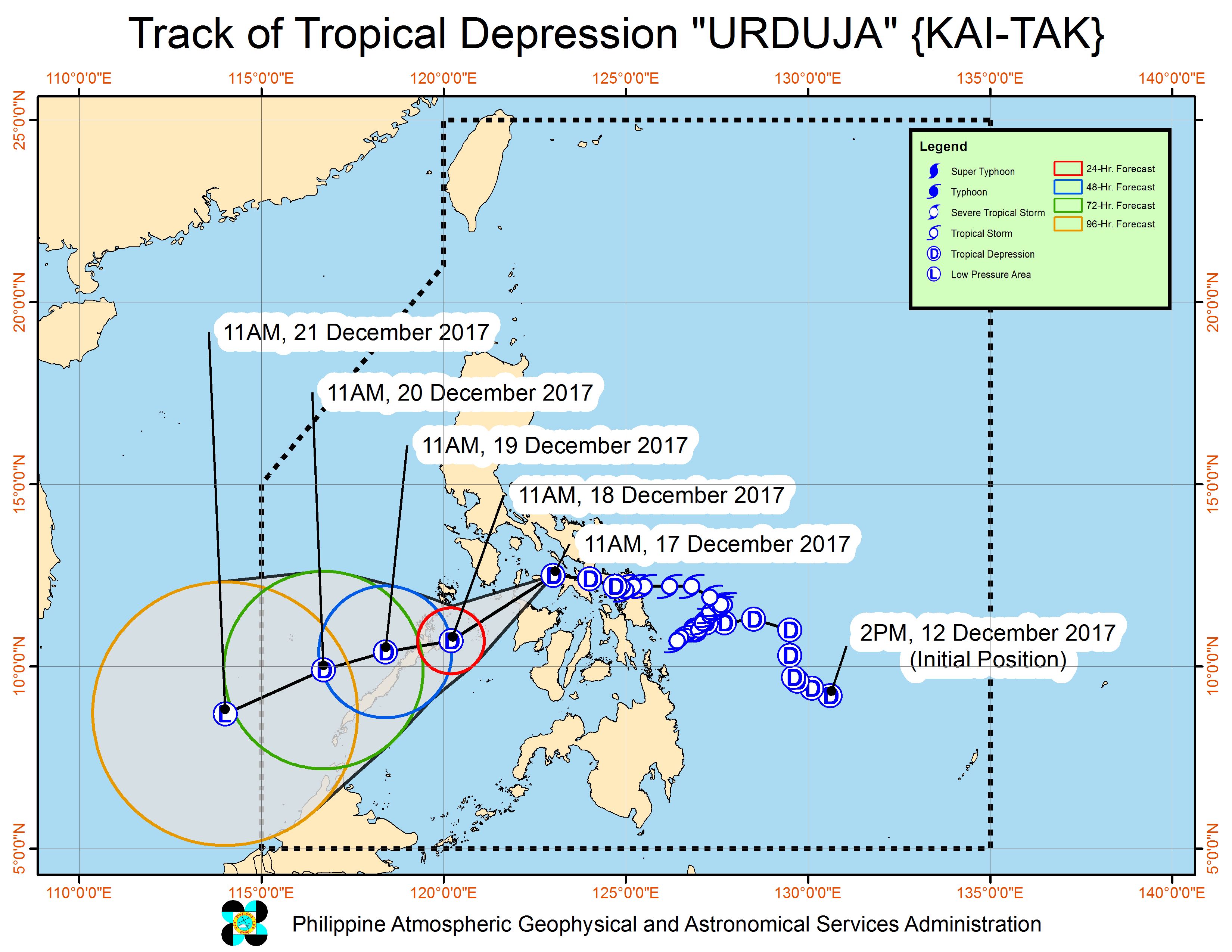 Forecast track of Tropical Depression Urduja as of December 17, 2 pm. Image courtesy of PAGASA 