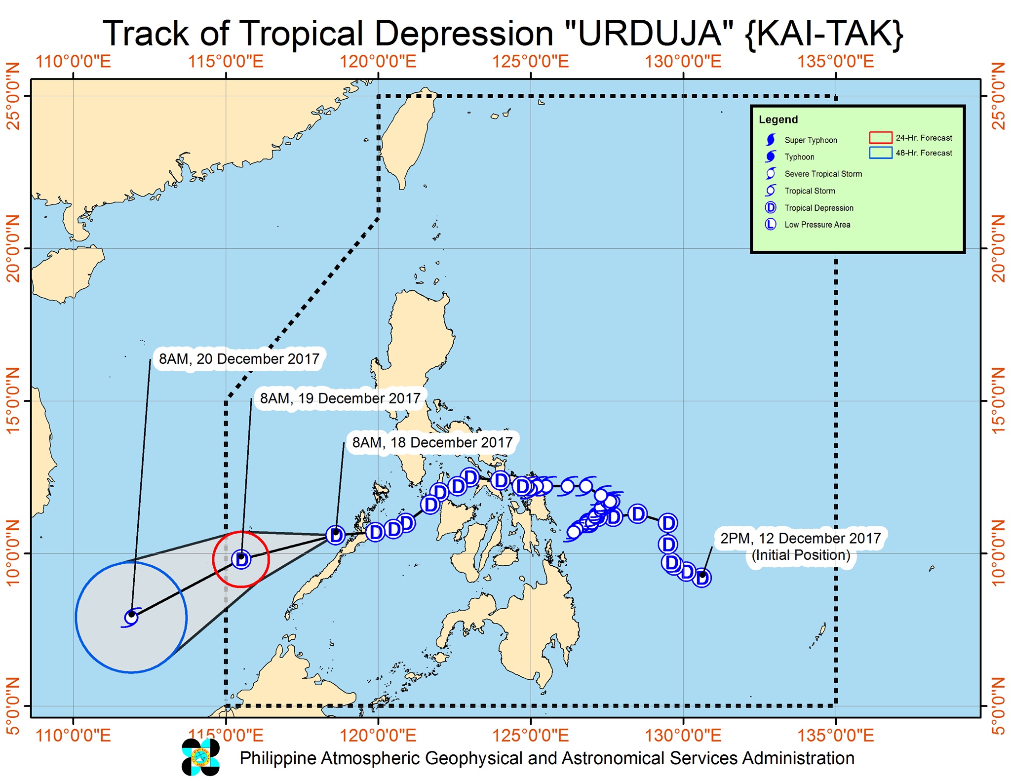 Forecast track of Tropical Depression Urduja as of December 18, 11 am. Image courtesy of PAGASA 