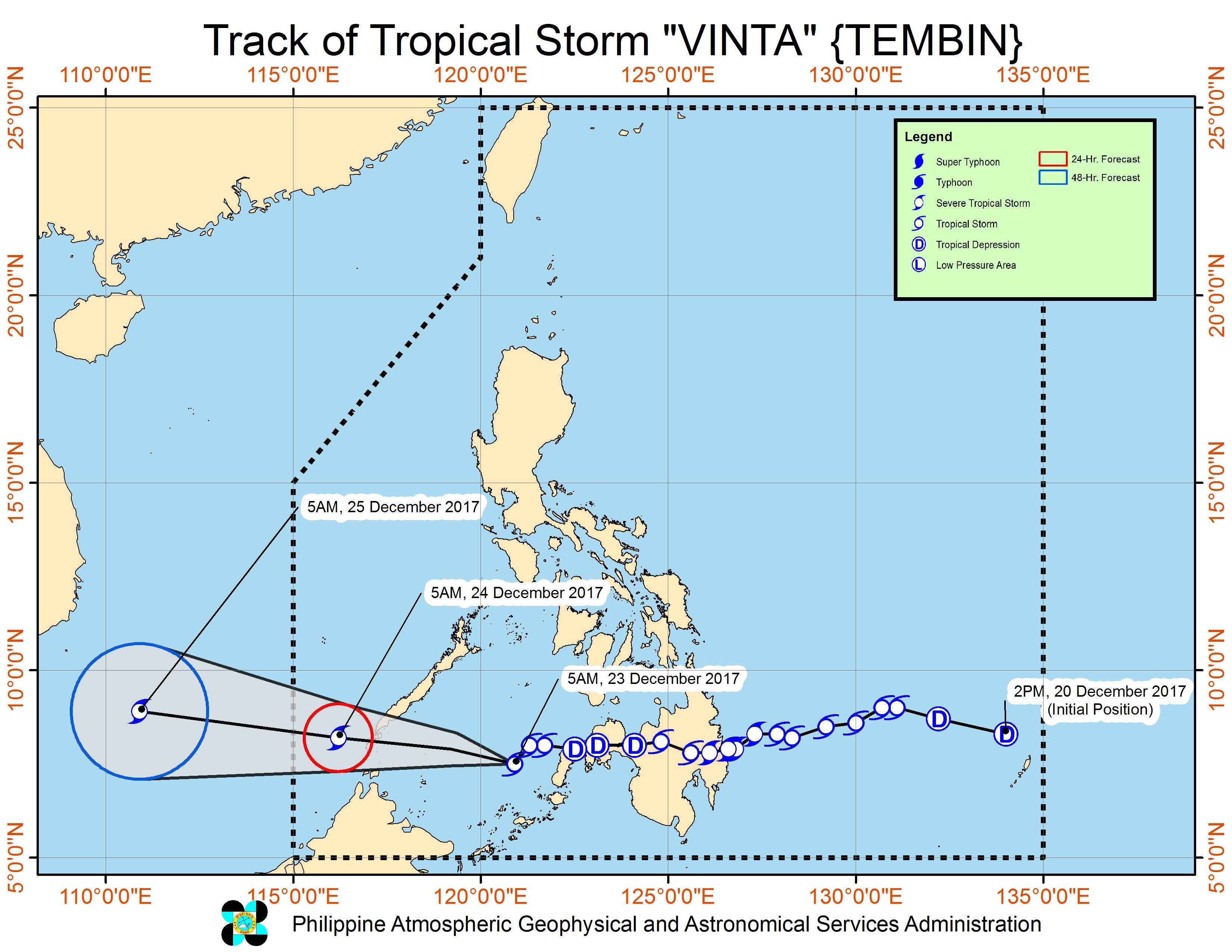 Forecast track of Tropical Storm Vinta as of December 23, 8 am. Image courtesy of PAGASA 