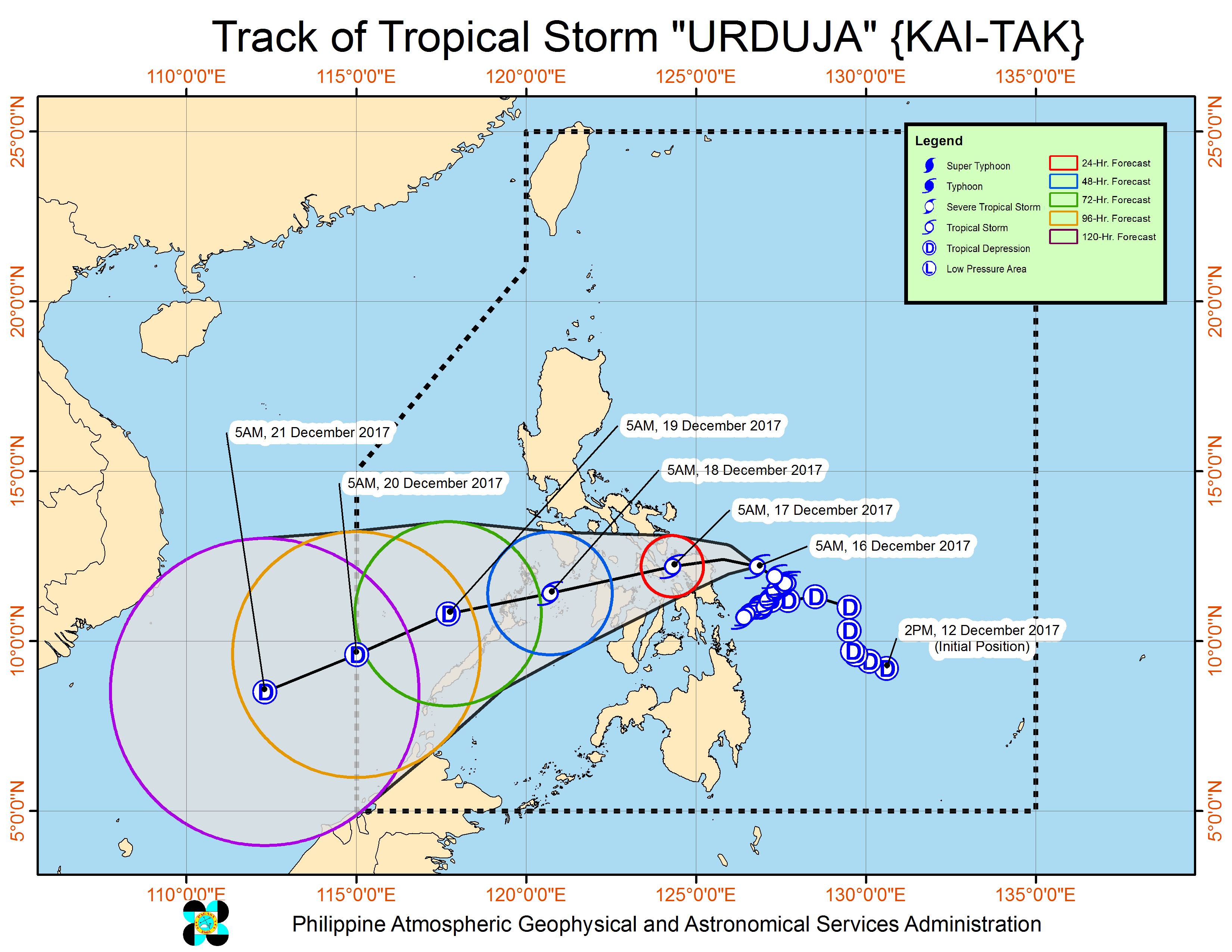 Forecast track of Tropical Storm Urduja as of December 16, 8 am. Image courtesy of PAGASA 