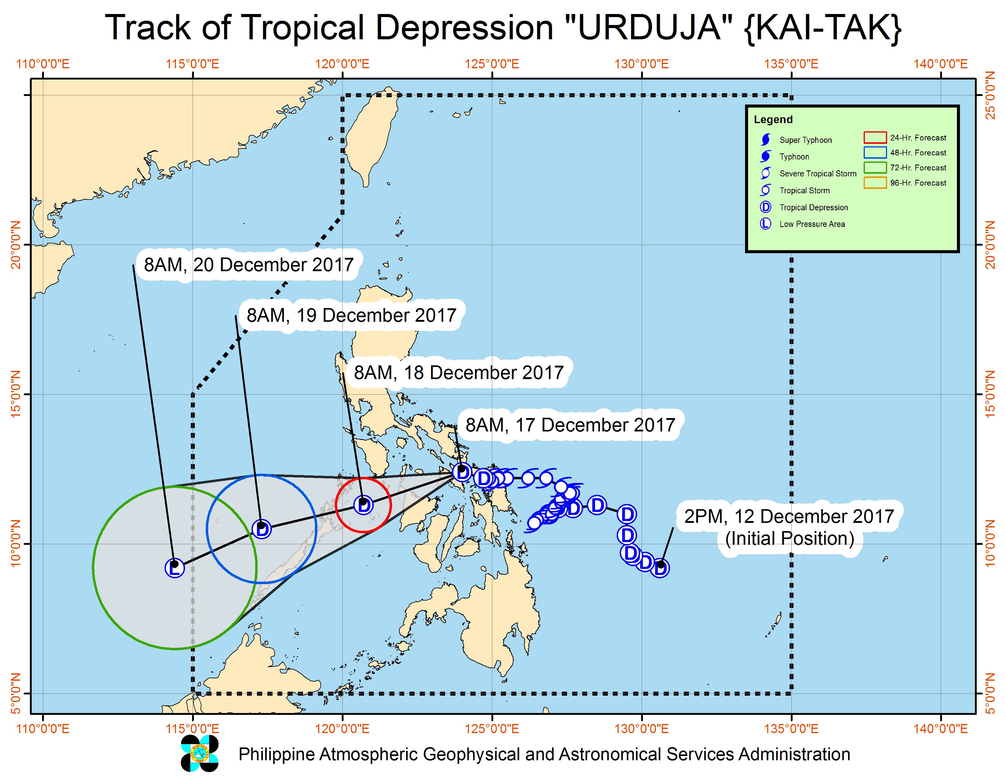 Forecast track of Tropical Depression Urduja as of December 17, 11 am. Image courtesy of PAGASA 