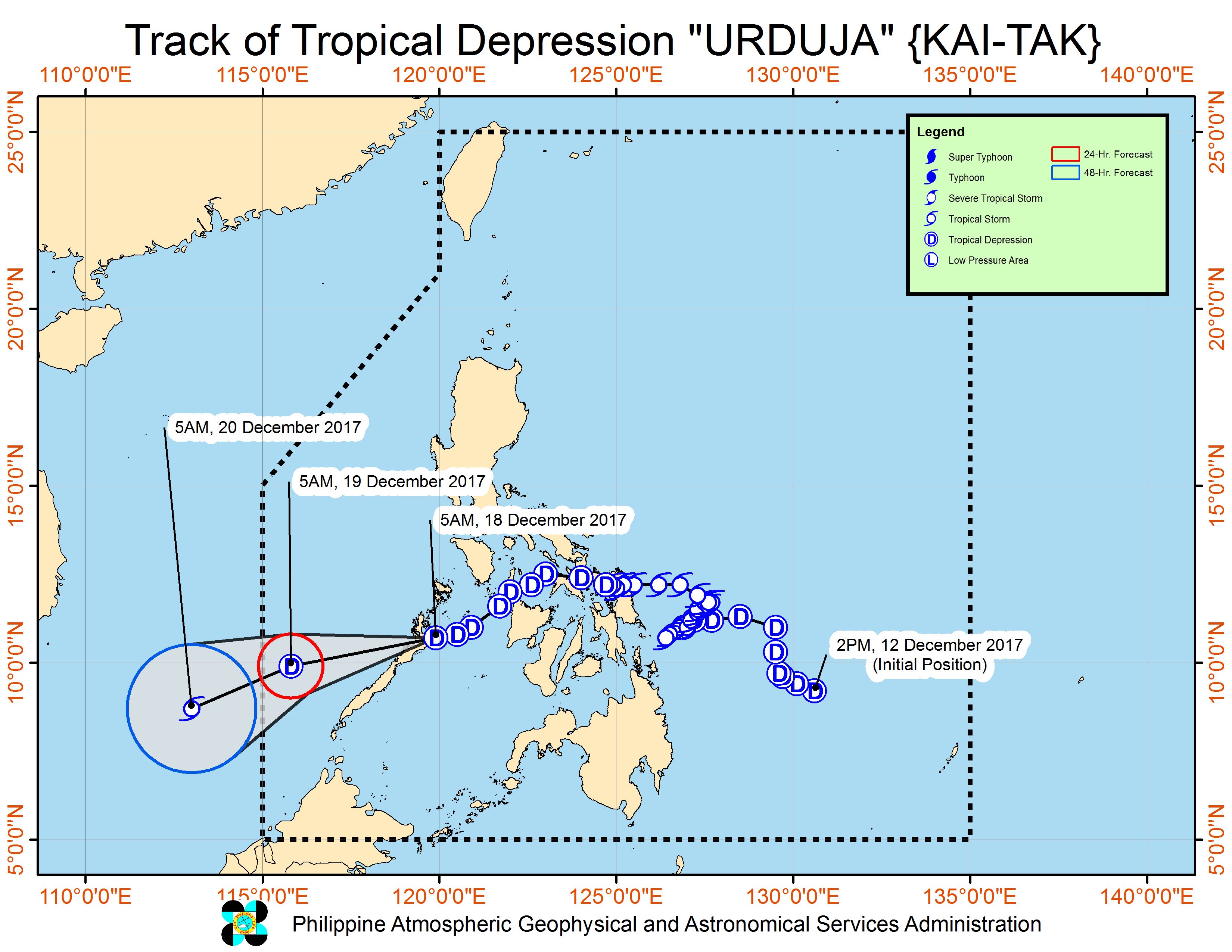 Forecast track of Tropical Depression Urduja as of December 18, 8 am. Image courtesy of PAGASA 