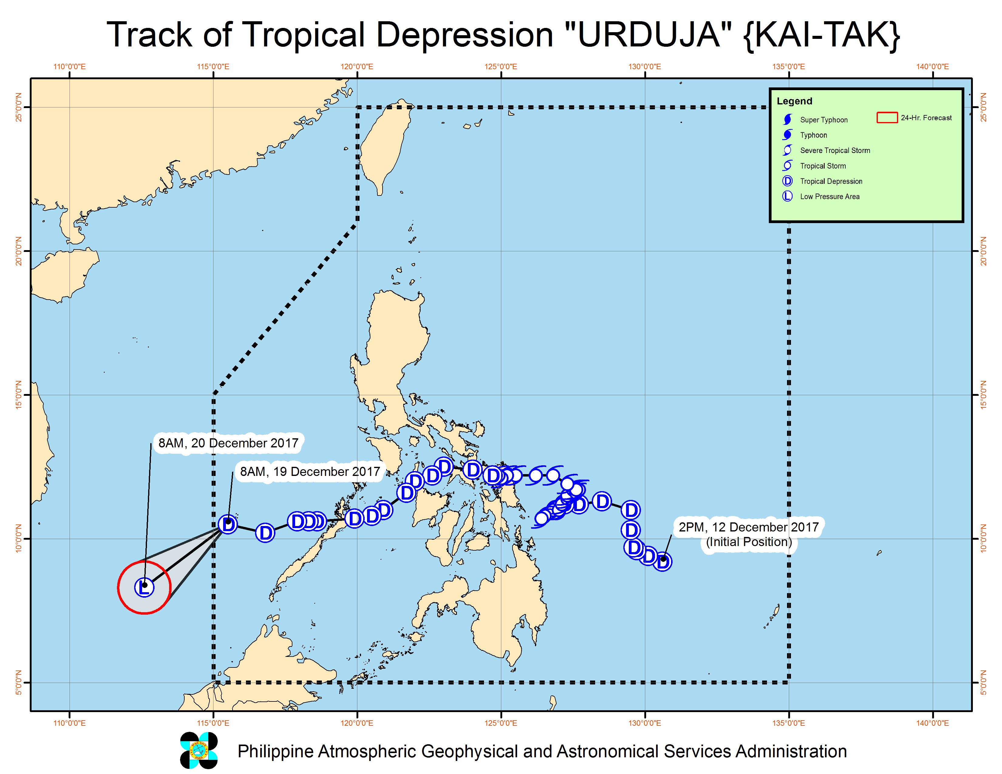 Forecast track of Tropical Depression Urduja as of December 19, 11 am. Image courtesy of PAGASA 