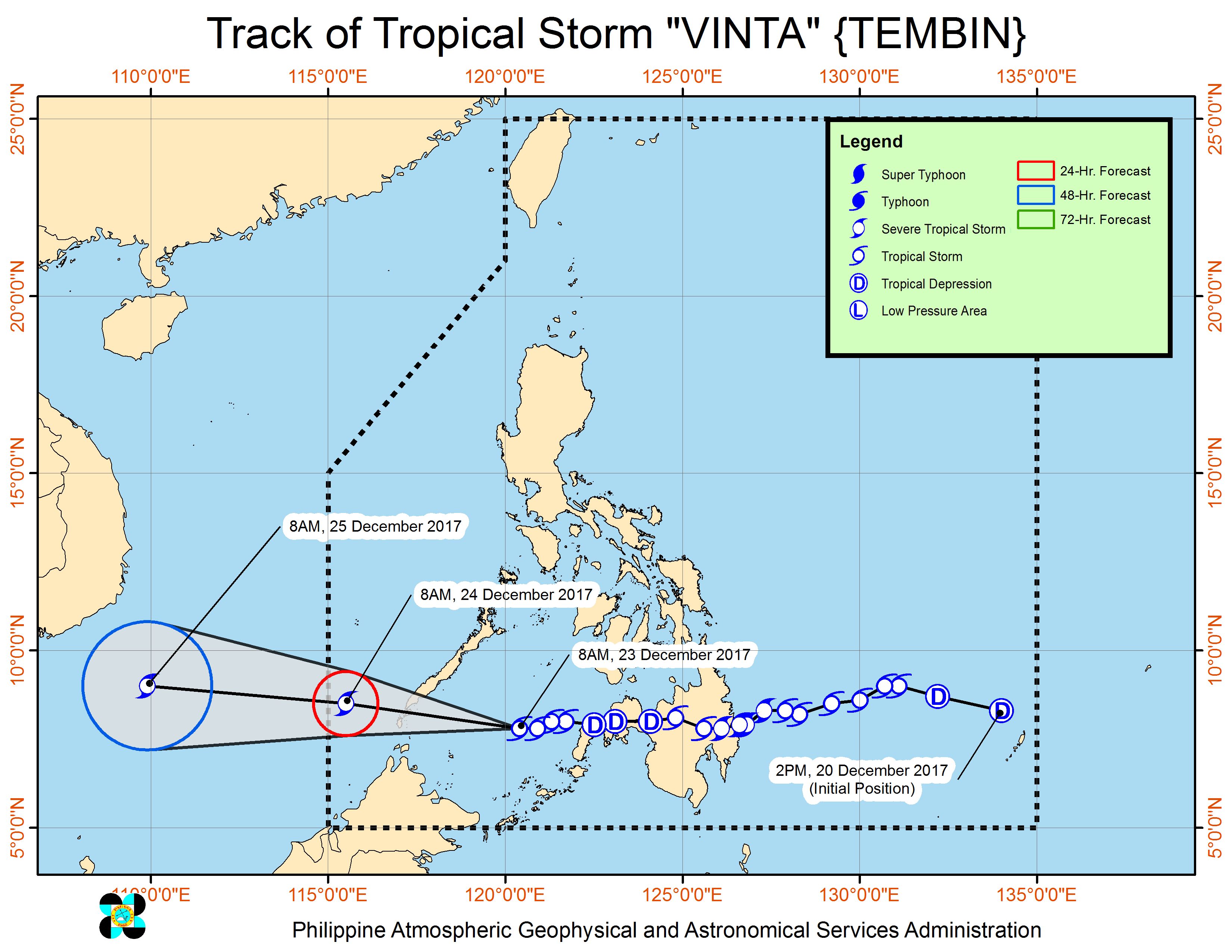 Forecast track of Tropical Storm Vinta as of December 23, 11 am. Image courtesy of PAGASA 
