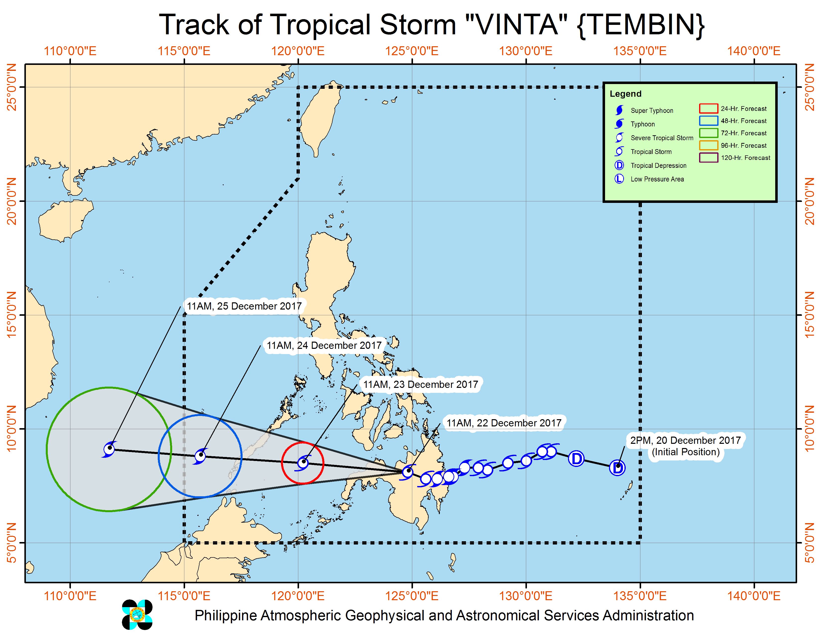 Forecast track of Tropical Storm Vinta as of December 22, 2 pm. Image courtesy of PAGASA 