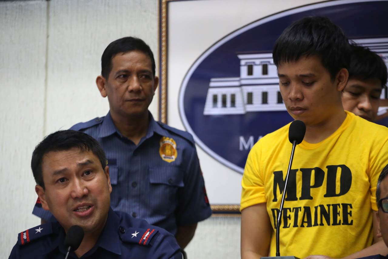 QUIAPO BLAST. MPD chief Joel Coronel presents one of the suspects in the April 28 blast in Quiapo, Manila. Photo by Ben Nabong/Rappler 