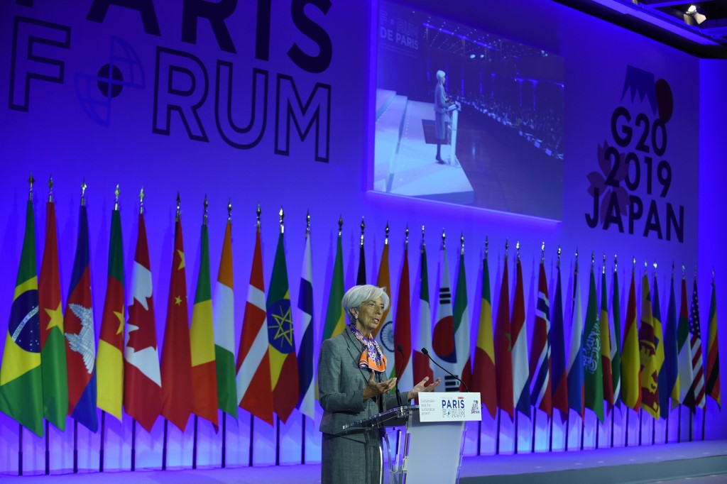 TRADE TENSIONS. International Monetary Fund Managing Director Christine Lagarde addresses the Paris Forum at the Economy Ministry in Paris on May 7, 2019. Photo by Eric Piermont/AFP 