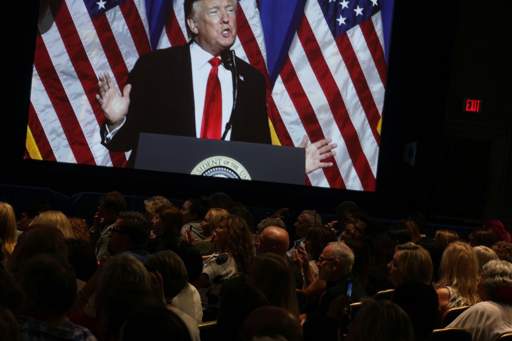 TRUMP. U.S. President Donald Trump deen on a video screen as he addresses the National Association of Realtors Legislative Meetings & Trade Expo May 17, 2019 in Washington, DC. Photo by Alex Wong/Getty Images/AFP 
