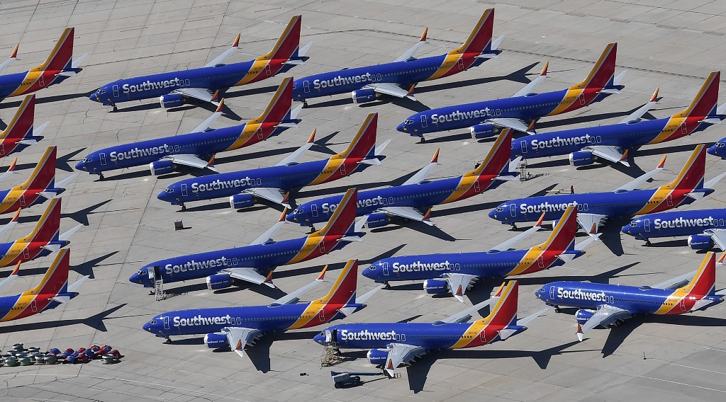 GROUNDED. In this file photo taken on March 28, 2019, Southwest Airlines Boeing 737 MAX aircraft are parked on the tarmac after being grounded, at the Southern California Logistics Airport in Victorville, California. File photo by Mark Ralston/AFP  
