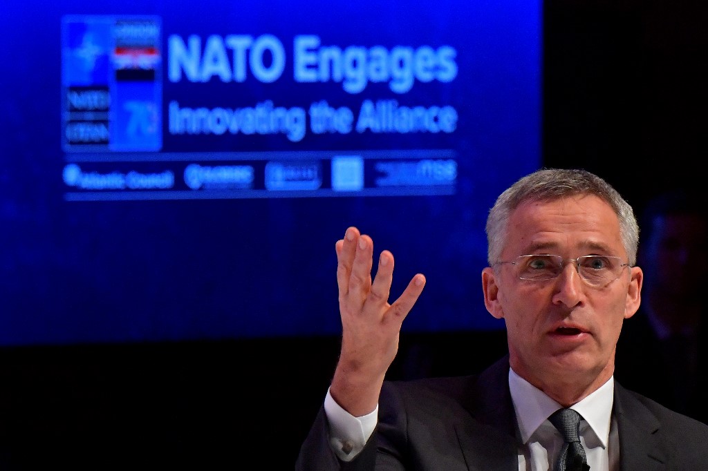 JENS STOLTENBERG. NATO Secretary General Jens Stoltenberg speaks at the official NATO outreach event, 'NATO Engages' in central London on December 3, 2019. Photo by Tobias Schwarz/AFP 