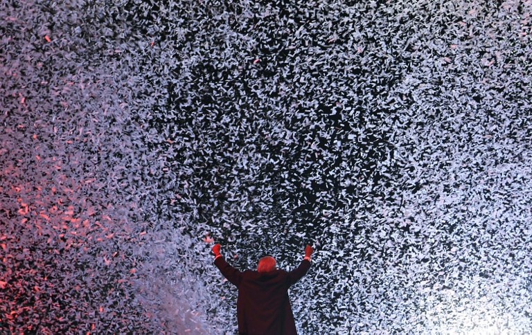 END OF CAMPAIGN. Mexico's presidential candidate Andres Manuel Lopez Obrador, standing for the coalition "Juntos haremos historia", waves to supporters during the closing rally of his campaign at the Azteca stadium in Mexico City, on June 27, 2018, ahead of the upcoming July 1 presidential election. Photo by Alfredo Estrella/AFP  