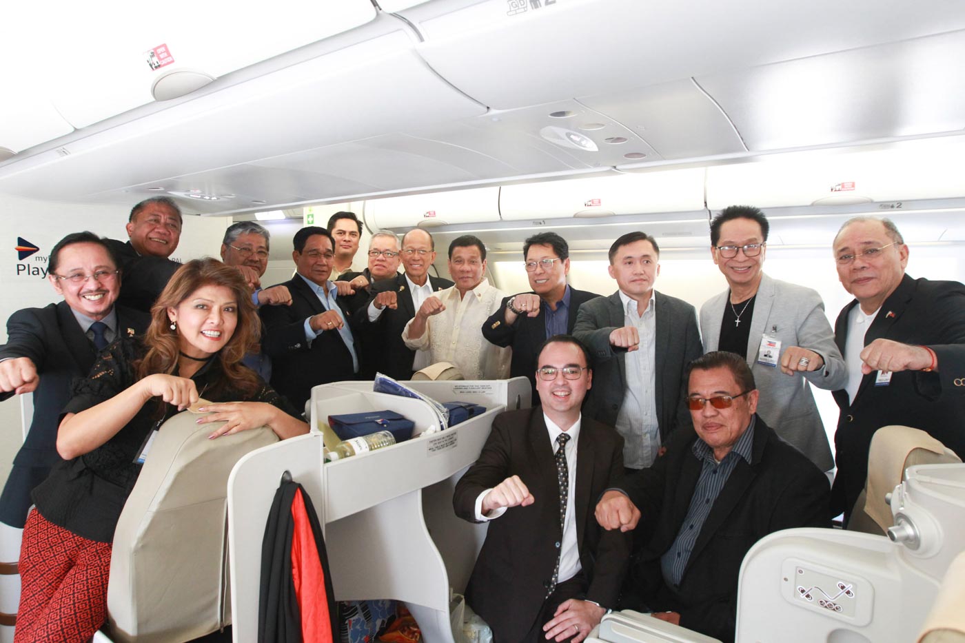 PRESIDENT'S PLANE BUDDIES. President Duterte brings along Cabinet members, government officials, and Ilocos Norte Governor Imee Marcos to the Middle East. Presidential photo  