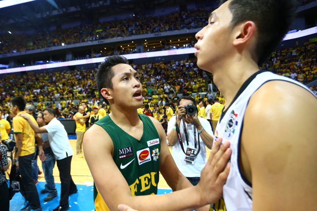 HEARTBROKEN. Mike Tolomia (left) consoles Kevin Ferrer as the latter graduates without a UAAP seniors title after 3 tries. Photo by Josh Albelda/Rappler