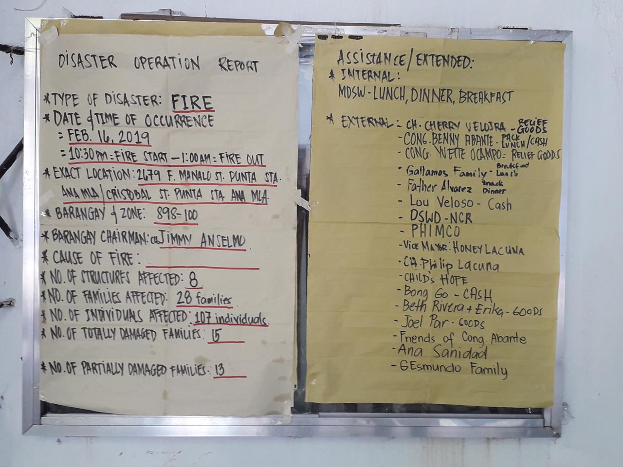 'CASH' FROM BONG GO. Bong Go listed as the source of a cash donation in this tally of assistance in Barangay 898 for fire victims. Photo by Pia Ranada / Rappler 