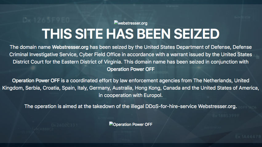 SEIZED. A message from authorities that the website has been taken down now appears on the 'webstresser' website. Screenshot from webstresser.org 