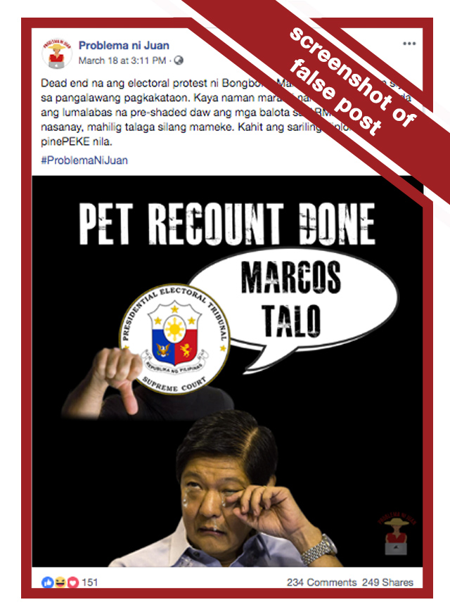 A screenshot of a claim on Facebook that alleges the poll recount is over and Marcos won. 